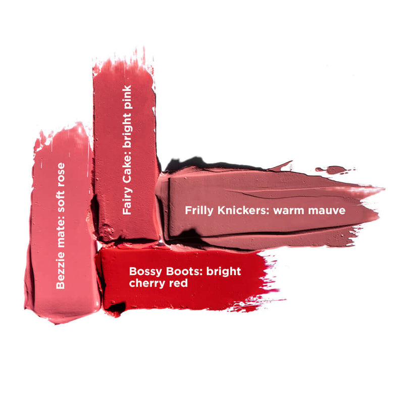 Bossy Boots Soft Matte Lip Cream (bright cherry red, soft rose, bright pink, & warm mauve) swatch
